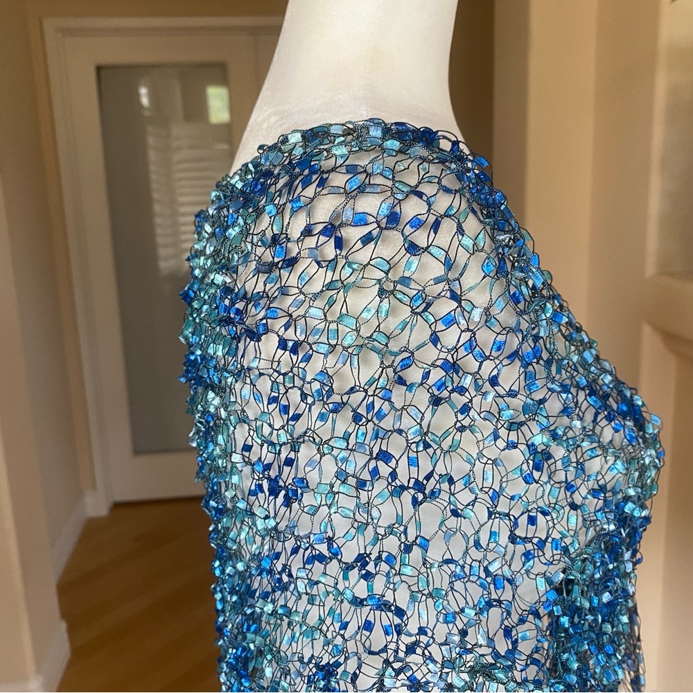 Handmade Crocheted Fringed Blue Women's Wrap - Picture 3 of 8